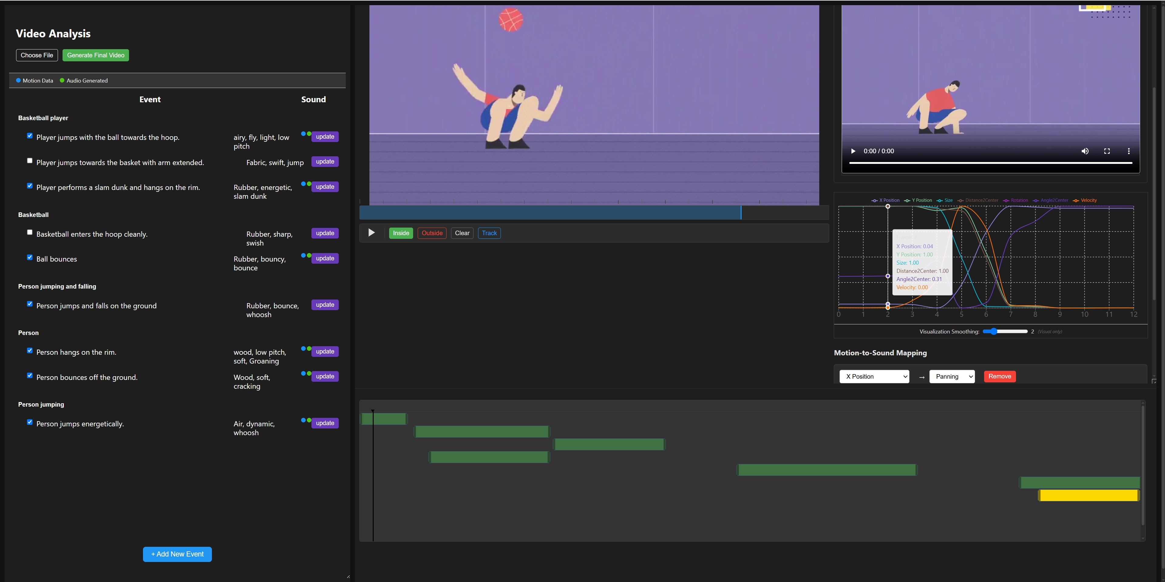 MoSound interface showing event list, motion tracking, and motion-to-sound mapping panels